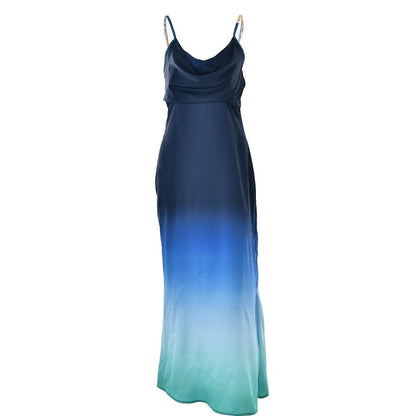 Satin Cowl Neck Spaghetti Strap Gradient Ombre Maxi Dress