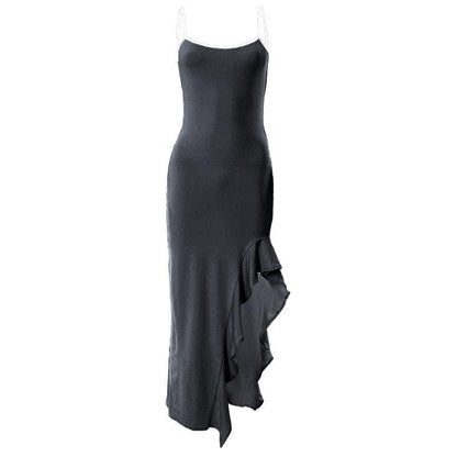 Spaghetti Strap High Slit Ruffle Trim Bodycon Maxi Dress