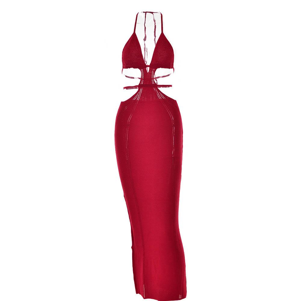 Halter V-Neck Side Cutout Knit Panel Bodycon Maxi Dress