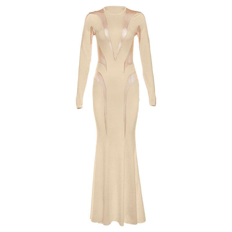 Mock Neck Long Sleeve Mesh Panel Patchwork Bodycon Maxi Dress