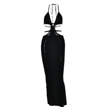 Halter V-Neck Side Cutout Knit Panel Bodycon Maxi Dress