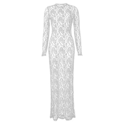 Floral Lace Long Sleeve Crewneck Sheer Bodycon Maxi Dress
