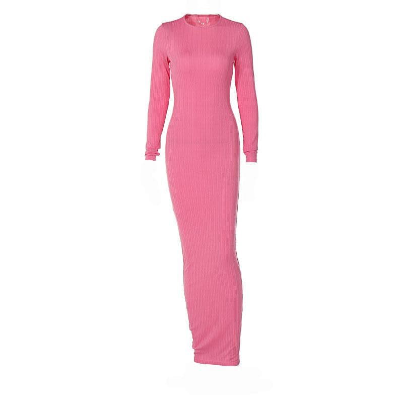 Ribbed Knit Crew Neck Long Sleeve Bodycon Maxi Dress