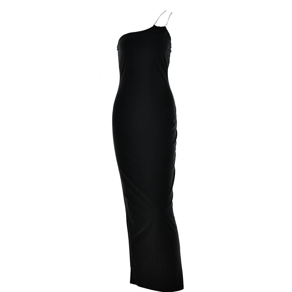 One-Shoulder Chain Strap High Slit Bodycon Maxi Dress