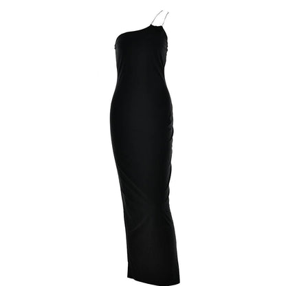 One-Shoulder Chain Strap High Slit Bodycon Maxi Dress