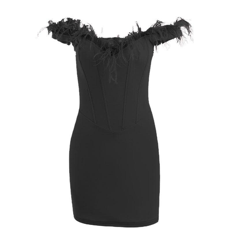 Off-Shoulder Feather Trim Corset Bodice Zip Back Bodycon Mini Dress