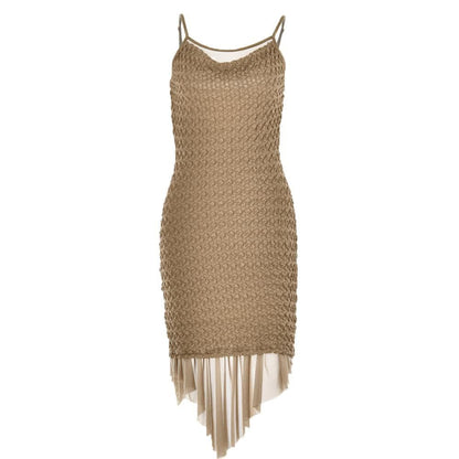 Spaghetti Strap Cowl Neck Popcorn Knit Layered Hem Bodycon Midi Dress