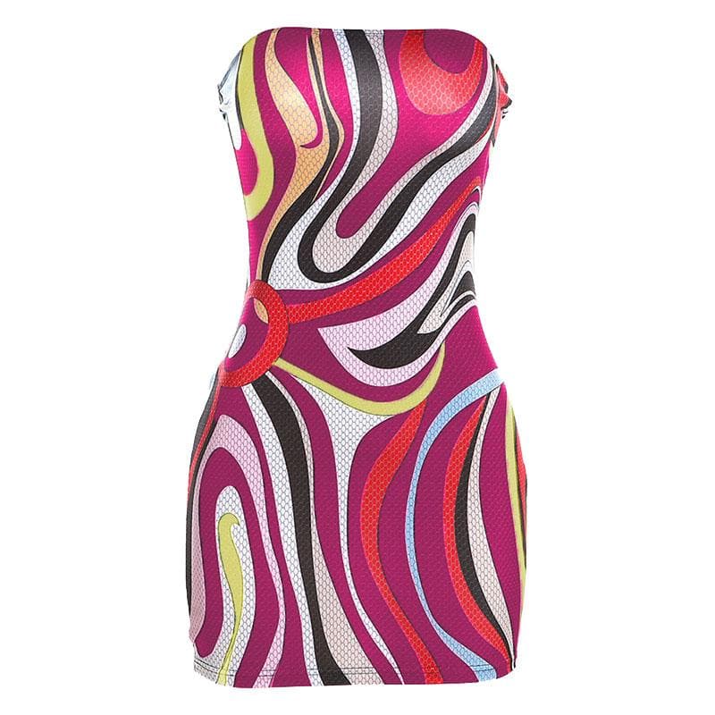 Strapless Abstract Swirl Print Mesh Bodycon Mini Dress