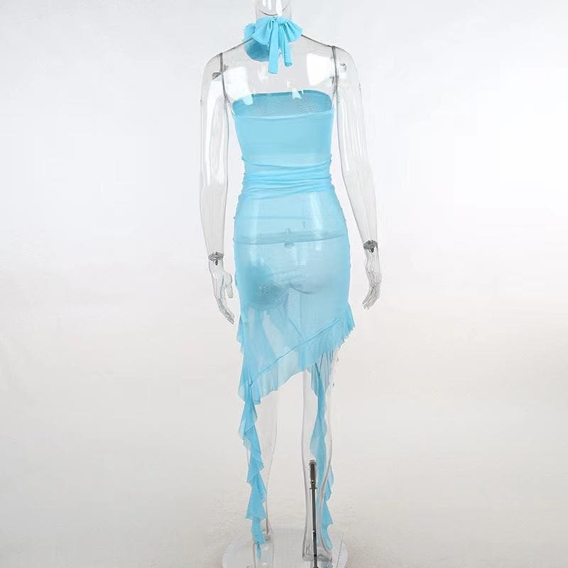 Strapless Sheer Mesh Flower Applique Ruffle Midi Dress