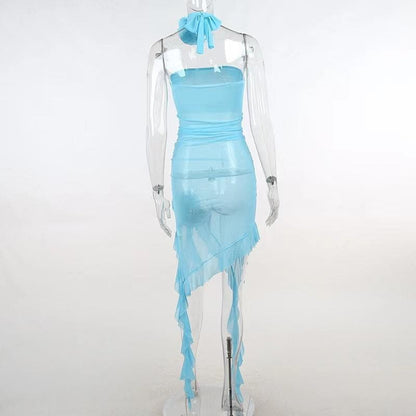 Strapless Sheer Mesh Flower Applique Ruffle Midi Dress