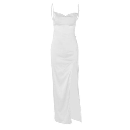 Spaghetti Strap Cowl Neck Side Slit Satin Cami Maxi Dress
