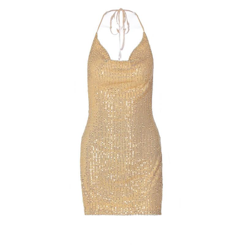 Sequin Cowl Neck Halter Open Side Slit Mini Dress