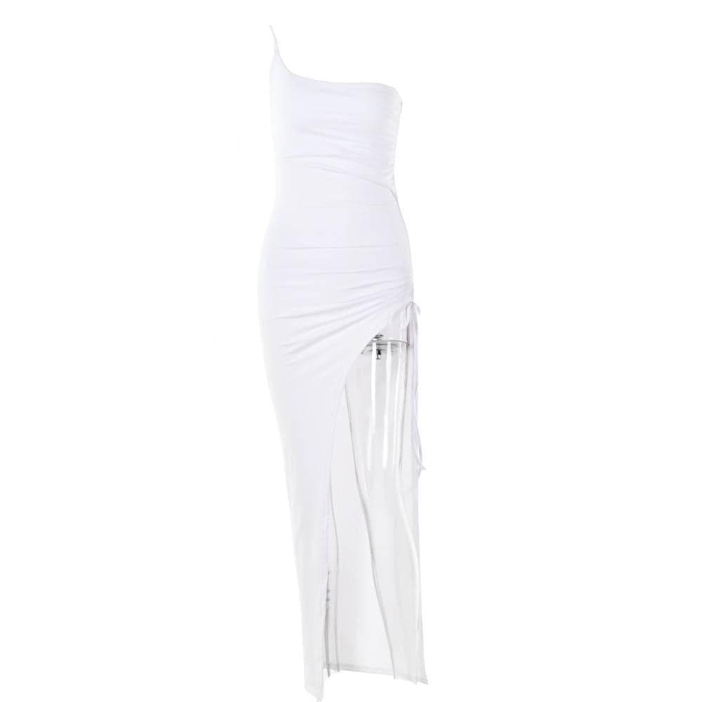 One Shoulder Side Ruched Drawstring High Slit Maxi Dress
