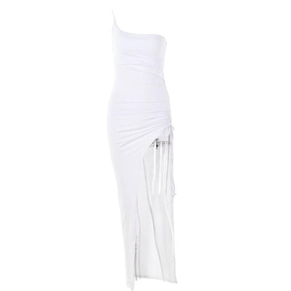 One Shoulder Side Ruched Drawstring High Slit Maxi Dress