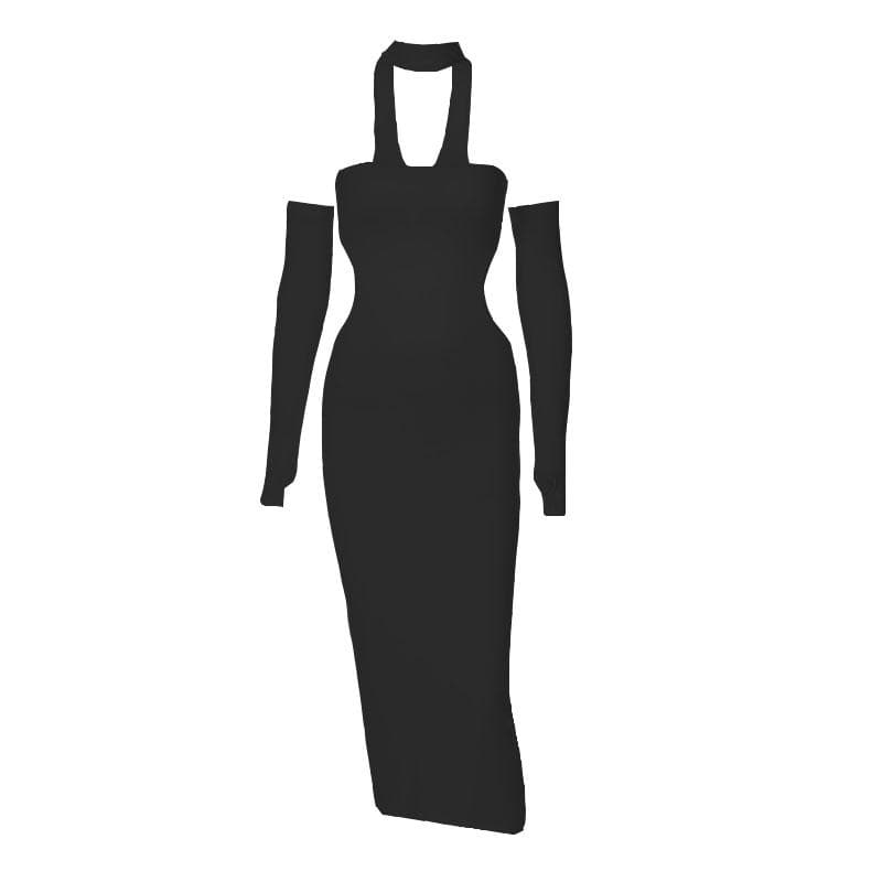Halter Choker Glove Thumbhole Side Cutout Backless Midi Dress