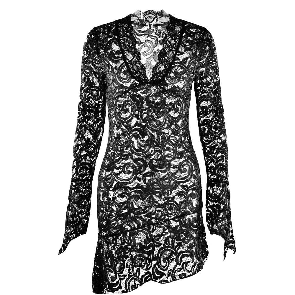 Floral Lace Bell Sleeve Handkerchief Hem V-Neck Mini Dress