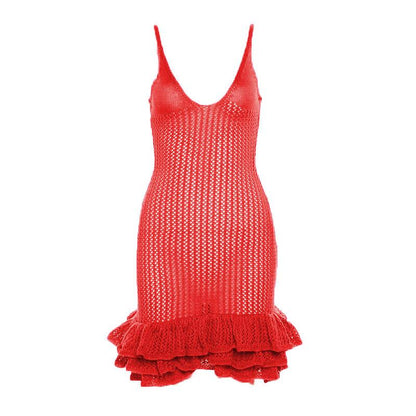 Spaghetti Strap V-Neck Crochet Pointelle Ruffle Lettuce Hem Mini Dress