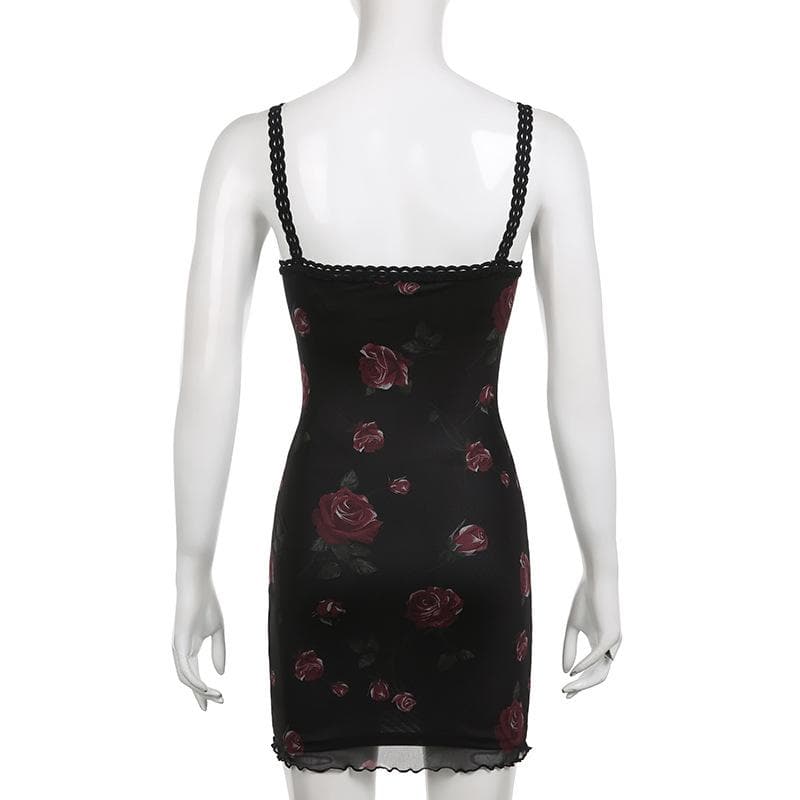 Square Lace Trim Neck Bow Large Floral Lettuce Hem Mini Dress