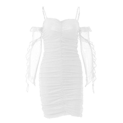 Sweetheart Neck Spaghetti Strap Ruched Mesh Ruffle Sleeve Bodycon Mini Dress