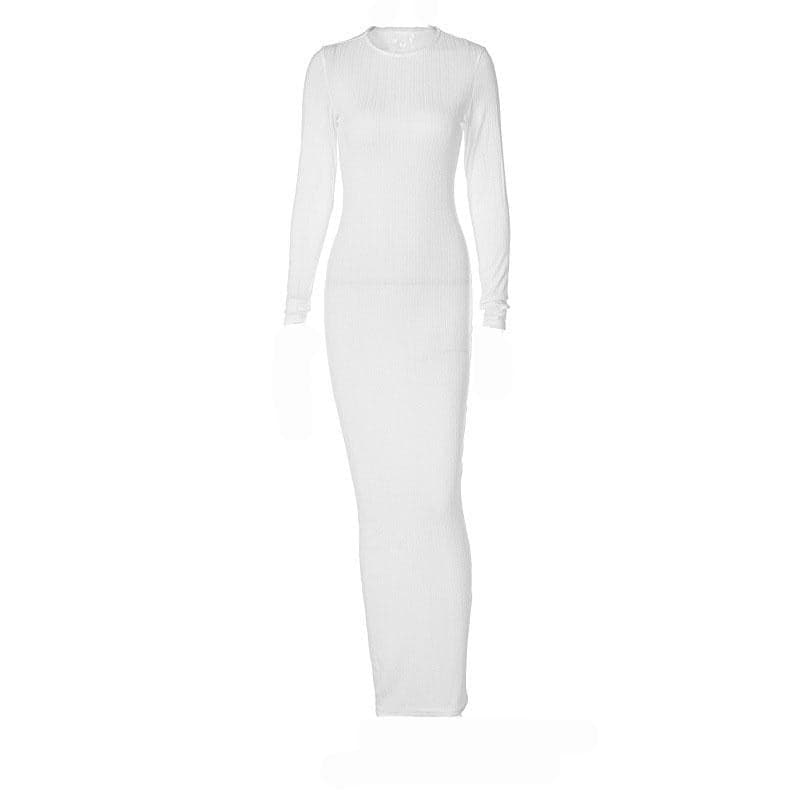 Ribbed Knit Crew Neck Long Sleeve Bodycon Maxi Dress