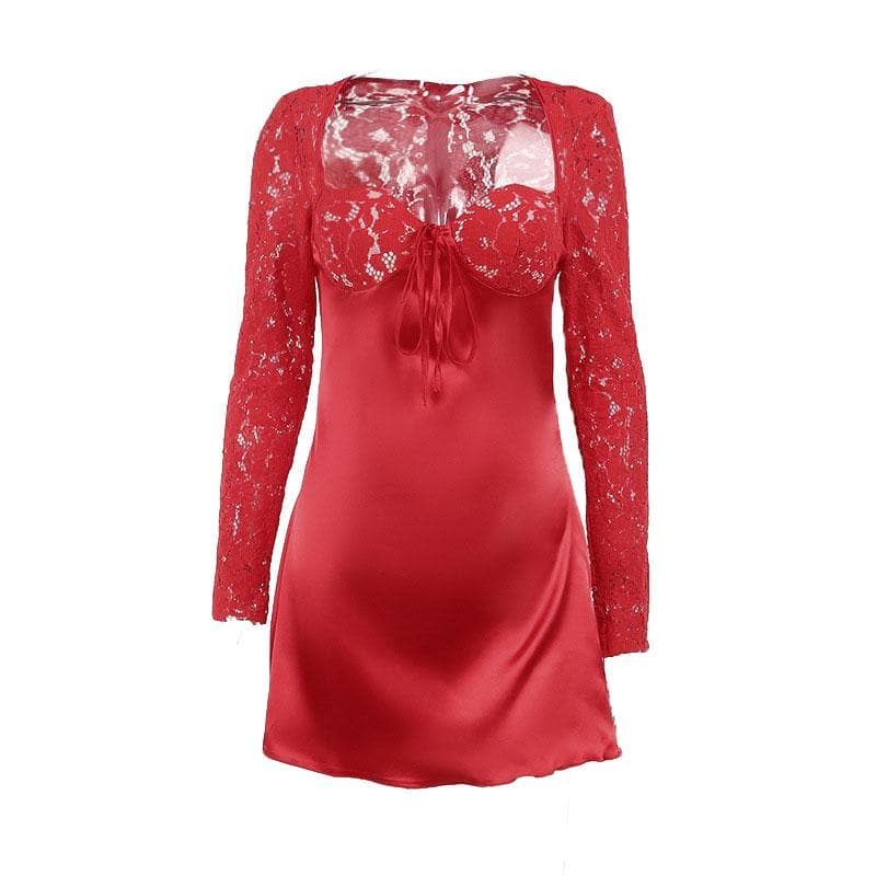Lace Long Sleeve Sweetheart Keyhole Zip-Up Padded Mini Dress