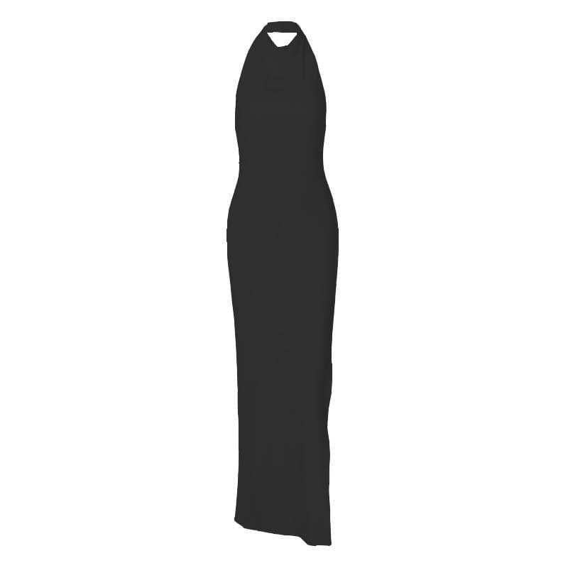 Cowl Neck Halter Sleeveless Side Slit Ruched Bodycon Maxi Dress