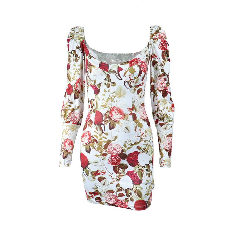 Floral Print Puff Shoulder Long Sleeve Sweetheart Mini Dress