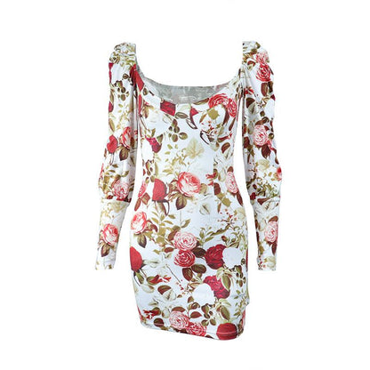 Floral Print Puff Shoulder Long Sleeve Sweetheart Mini Dress