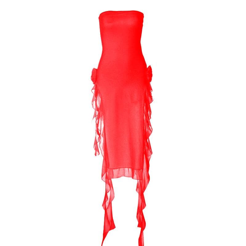 Strapless Side Ruffle Bodycon Maxi Dress