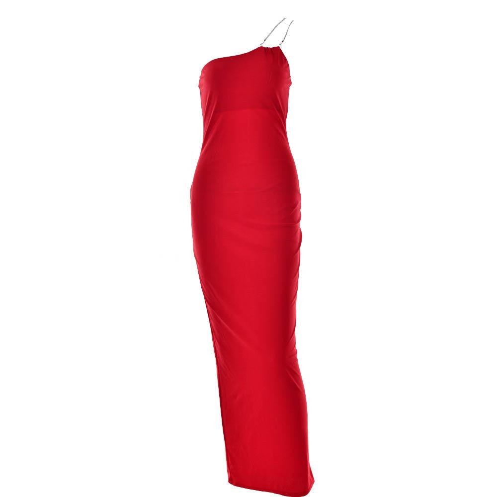 One-Shoulder Chain Strap High Slit Bodycon Maxi Dress