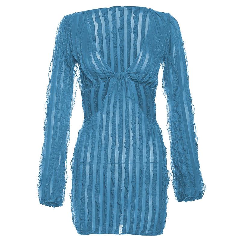 V Neck Ruffle Bell Sleeve Waist Cutout Mini Dress