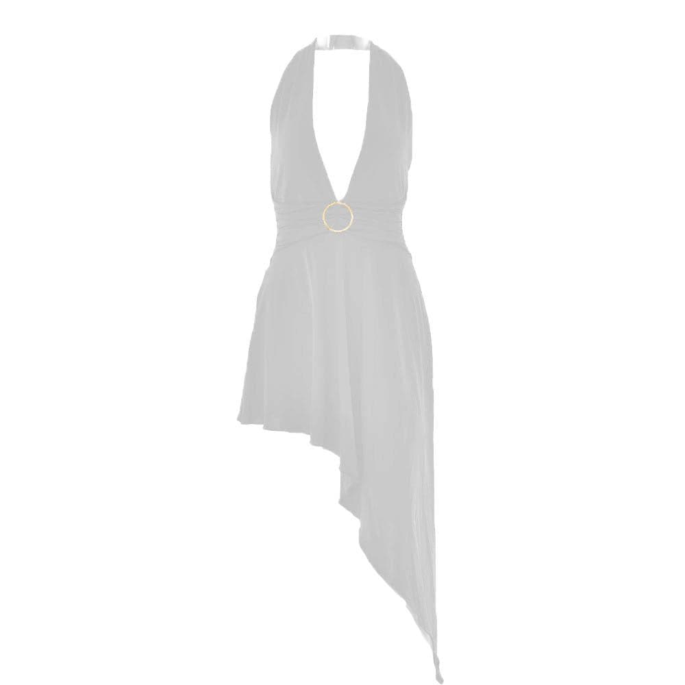 Halter O-Ring Plunge V-Neck Ring Waist Asymmetric Hem Midi Dress