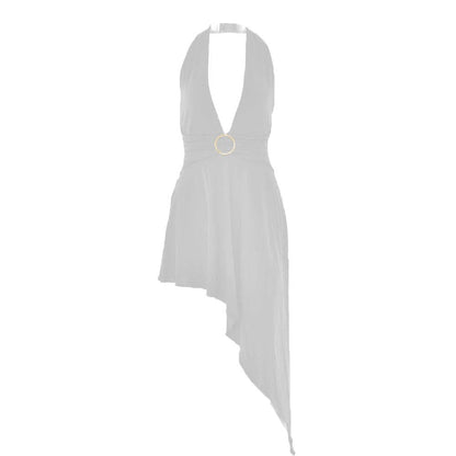 Halter O-Ring Plunge V-Neck Ring Waist Asymmetric Hem Midi Dress