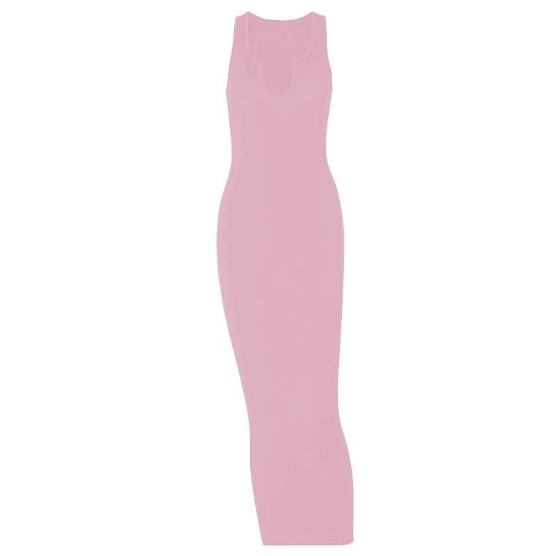 Notch Neck Sleeveless Ribbed Knit Bodycon Maxi Dress
