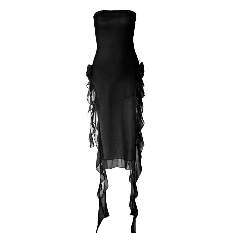 Strapless Side Ruffle Bodycon Maxi Dress