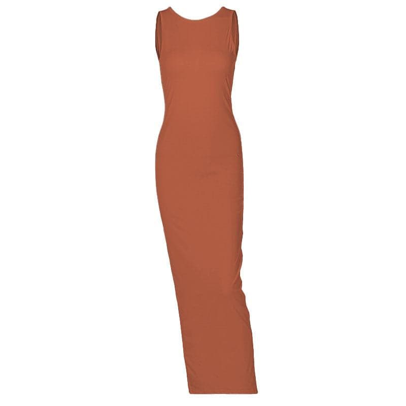 Wide Strap Deep Scoop Back Vent Column Maxi Dress