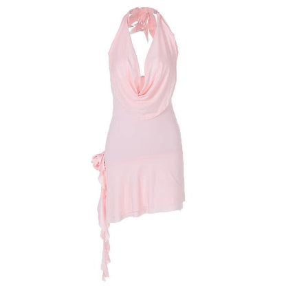 Cowl Neck Halter Ruffle Trim Side Cascade Backless Mini Dress