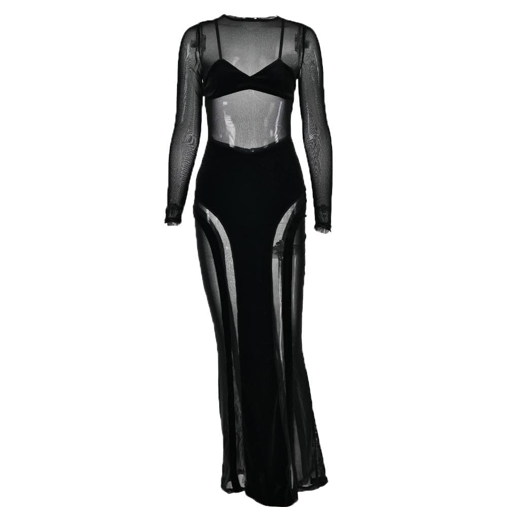Mesh Patchwork Velvet Paneled Long Sleeve Maxi Dress