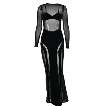 Mesh Patchwork Velvet Paneled Long Sleeve Maxi Dress