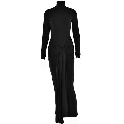 Mock Neck Ruched Self-Tie Drape Panel Bodycon Maxi Dress