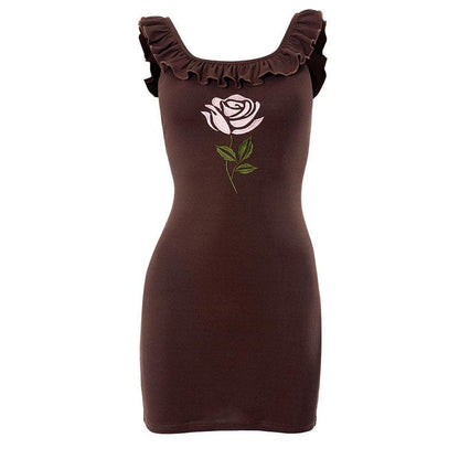 Ribbed Off Shoulder Floral Embroidery Ruffle Cap Sleeve Mini Dress