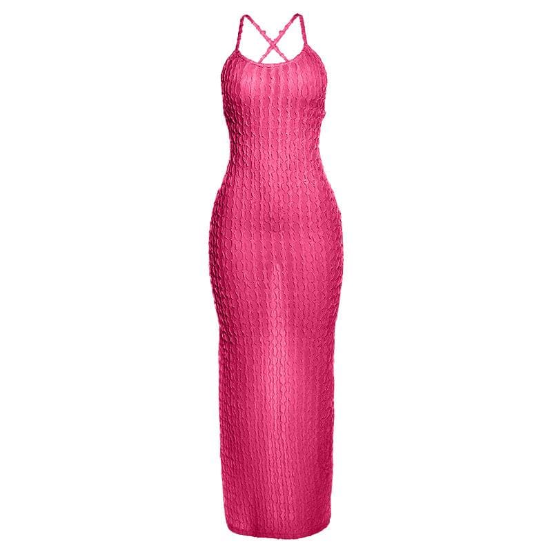 Scoop Neck Cross Back Self Tie Textured Maxi Dress