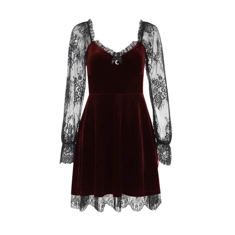 Sweetheart Velvet Bodice Lace Puff Sleeve Ruffle Hem Mini Dress