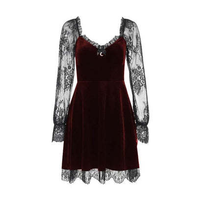 Sweetheart Velvet Bodice Lace Puff Sleeve Ruffle Hem Mini Dress