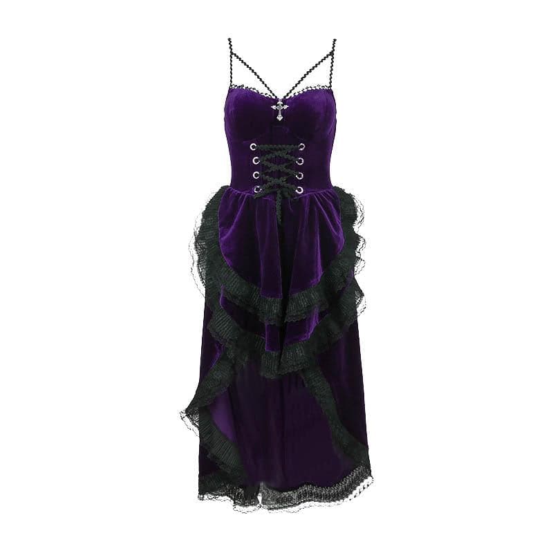 Velvet Lace Up Cross Pendant Tiered High Low Midi Dress