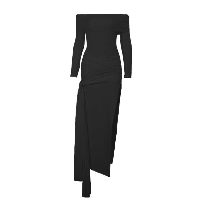 Off-Shoulder Cross Front Self-Tie High Slit Maxi Dress