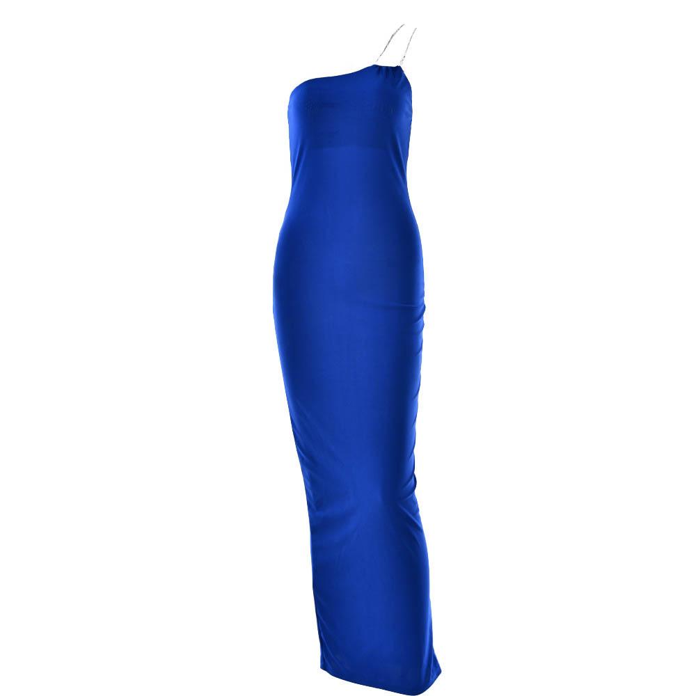 One-Shoulder Chain Strap High Slit Bodycon Maxi Dress