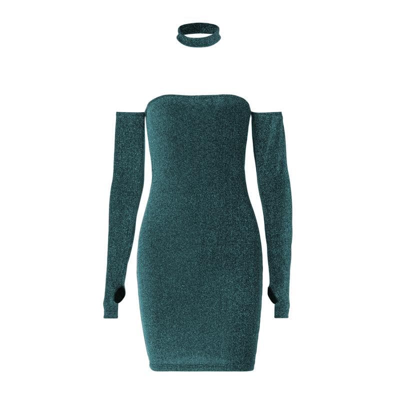 Strapless Glitter Tube Detached Sleeve Thumbhole Choker Mini Dress Set