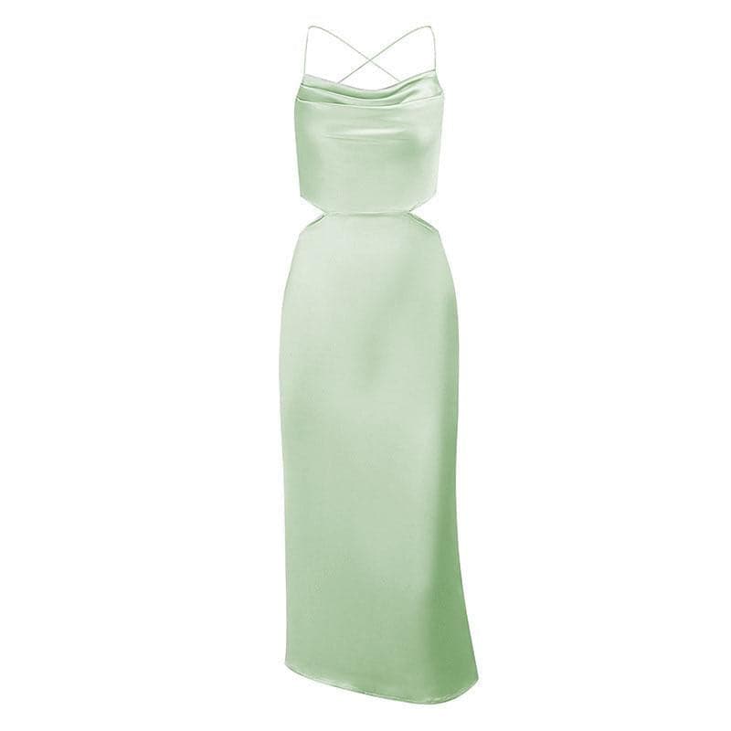 Cowl Neck Criss Cross Strap Side Cutout Satin Midi Dress