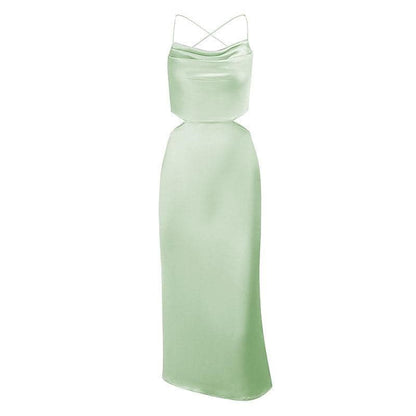 Cowl Neck Criss Cross Strap Side Cutout Satin Midi Dress